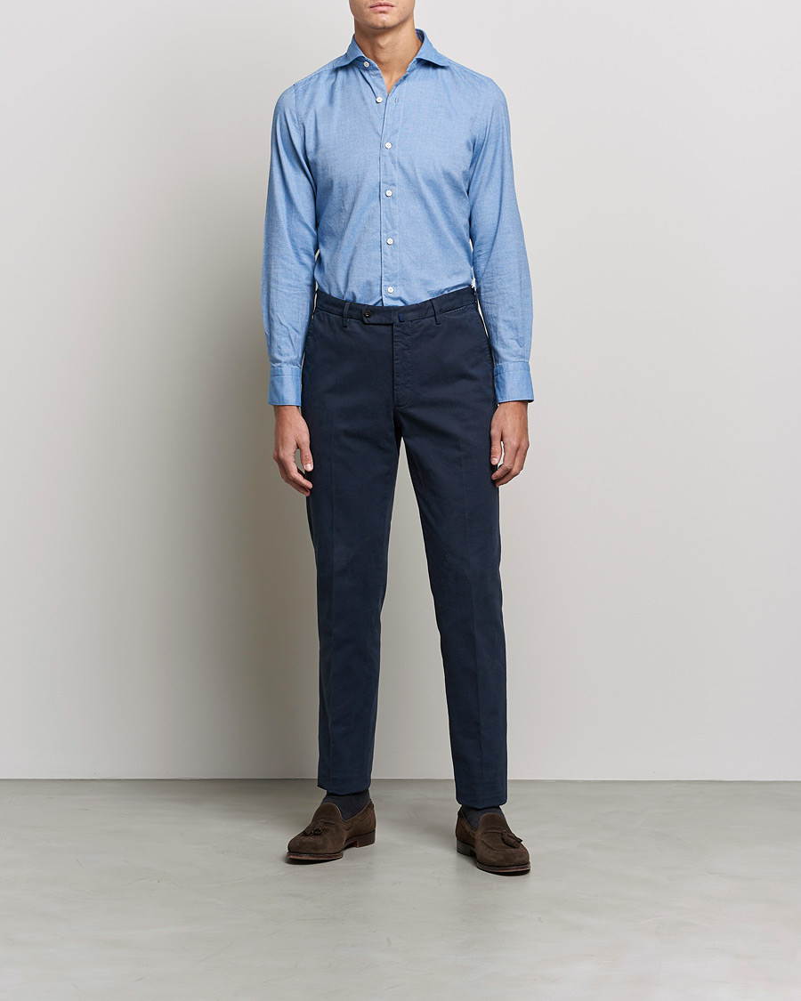 Homme | Chemises | Finamore Napoli | Tokyo Slim Flannel Shirt Light Blue