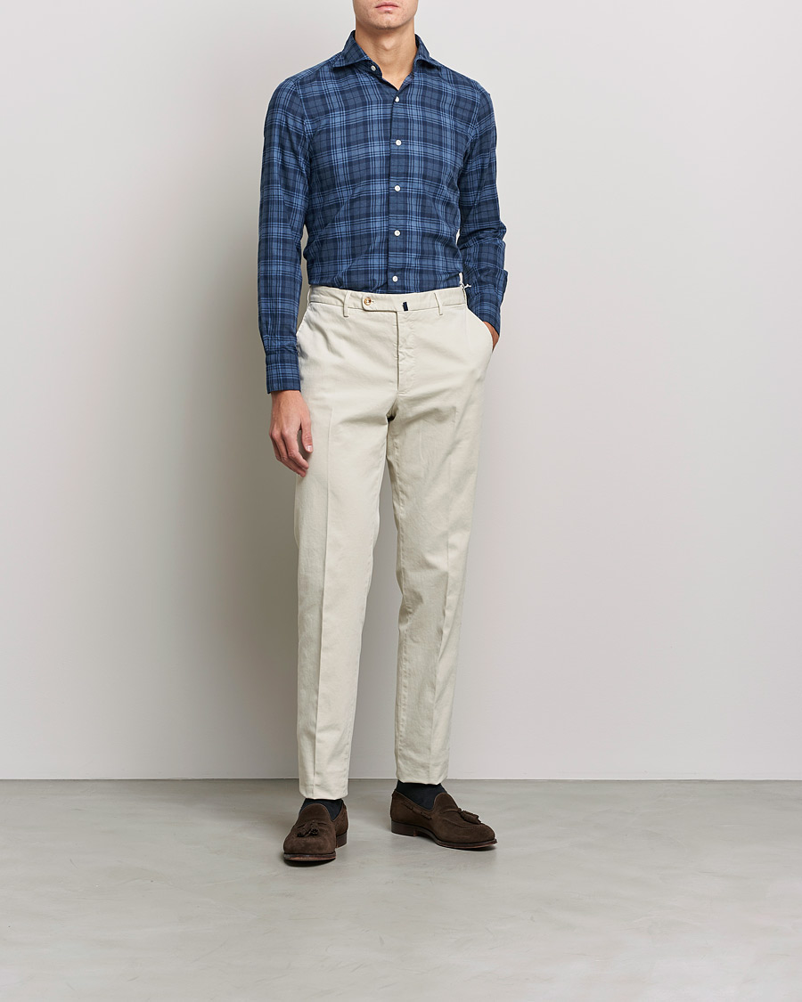 Heren | Overhemden | Finamore Napoli | Tokyo Slim Light Flannel Shirt Navy Check