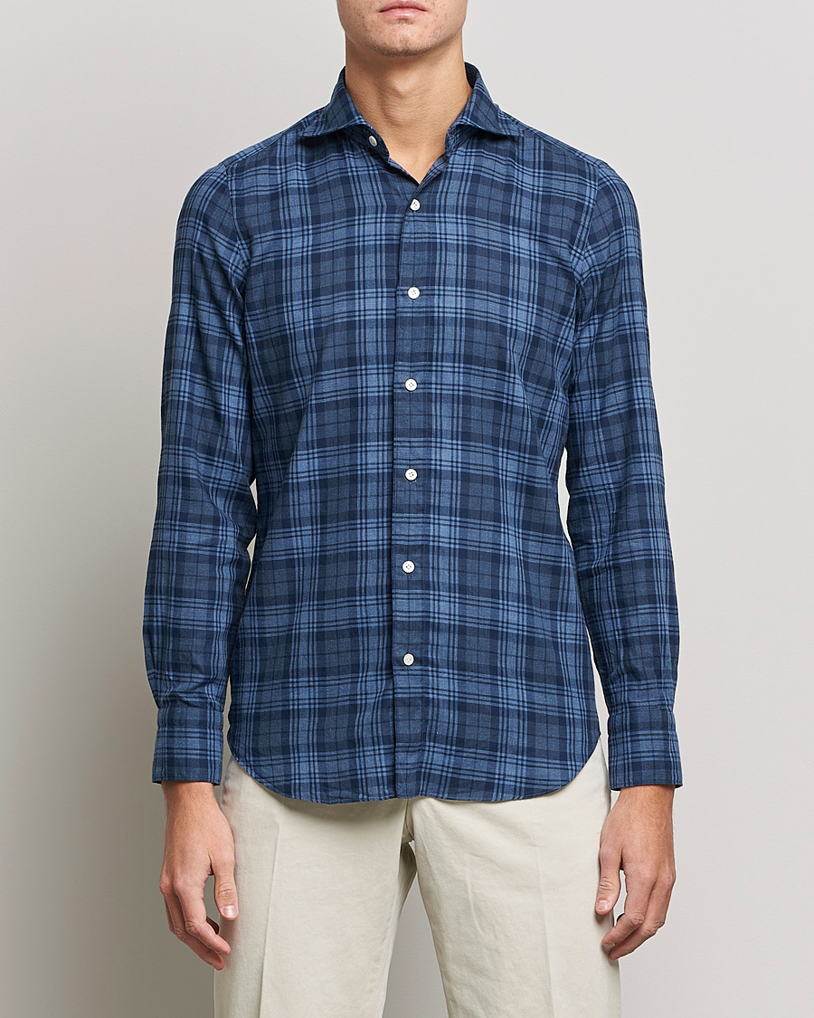 Heren | Overhemden | Finamore Napoli | Tokyo Slim Light Flannel Shirt Navy Check