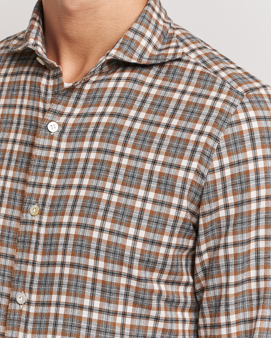 Homme | Chemises | Finamore Napoli | Tokyo Slim Light Flannel Shirt Brown Check