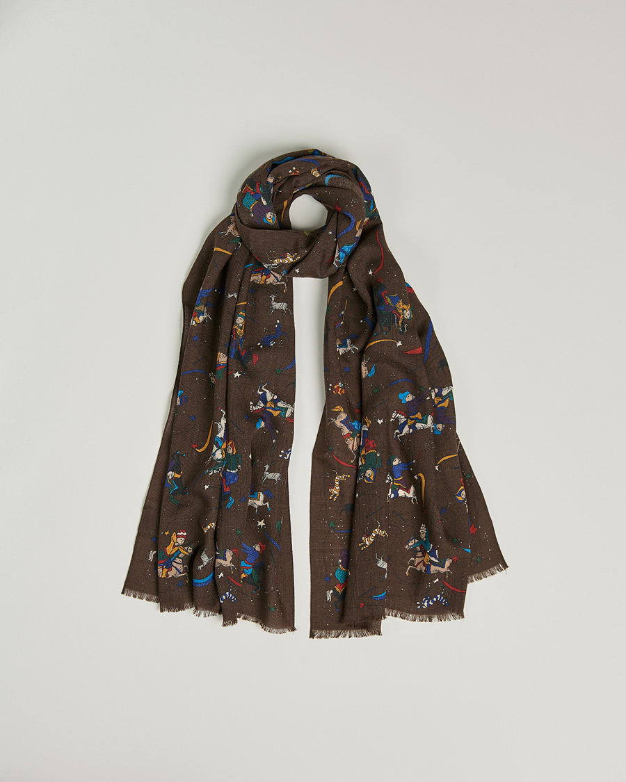 Homme | Drake's Mughal And Stars Printed Wool Scarf Brown | Drake's | Mughal And Stars Printed Wool Scarf Brown