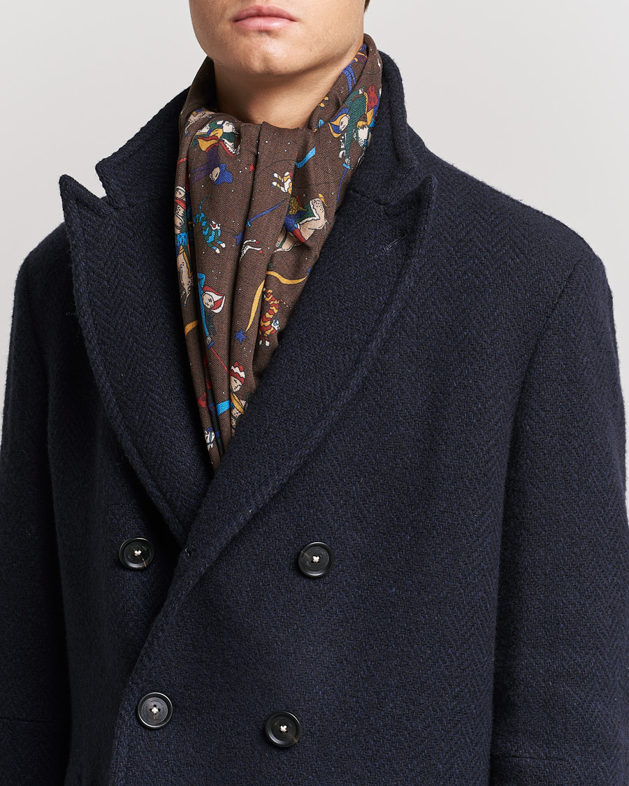 Homme | Drake's Mughal And Stars Printed Wool Scarf Brown | Drake's | Mughal And Stars Printed Wool Scarf Brown