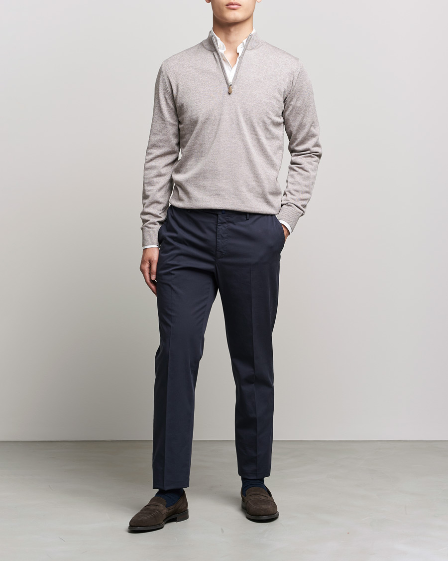 Heren | Truien | Stenströms | Merino Wool Half Zip Beige Mouliné