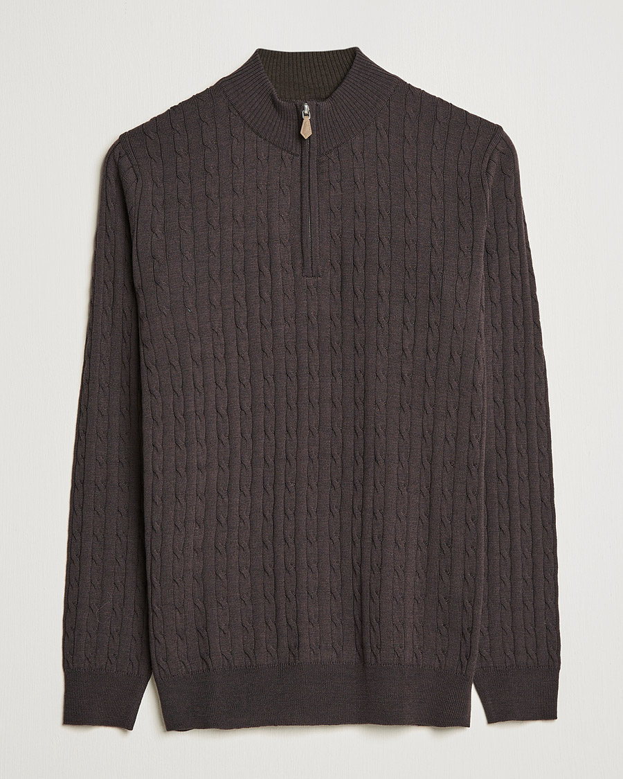 Heren | Truien | Stenströms | Merino Wool Cable Half Zip Dark Brown