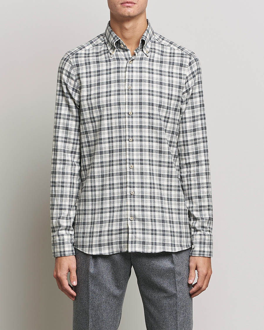 Heren | Overhemden | Stenströms | Slimline Checked Flannel Shirt Grey/White
