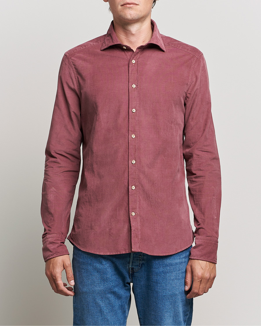 Heren | Overhemden | Stenströms | Slimline Washed Cut Away Corduroy Shirt Wine Red