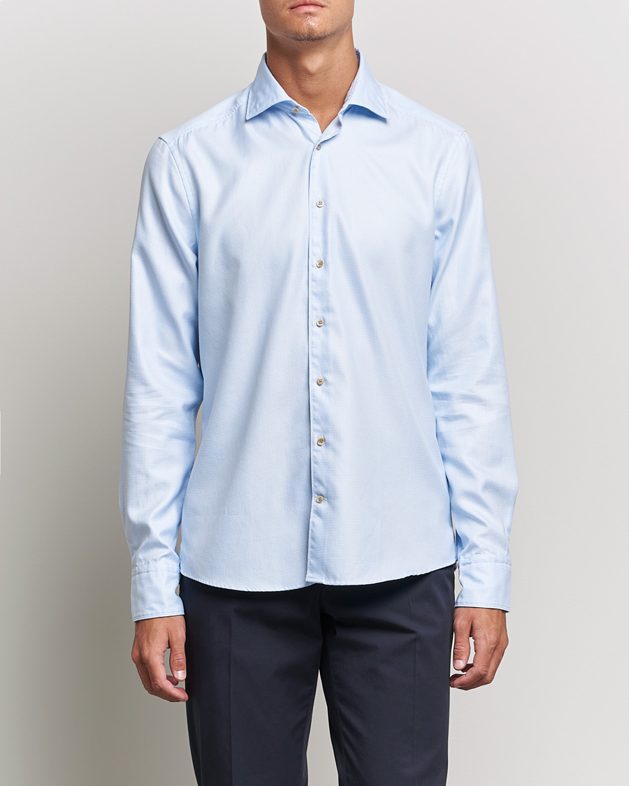 Homme | Chemises | Stenströms | Slimline Cut Away Washed Houndstooth Shirt Light Blue