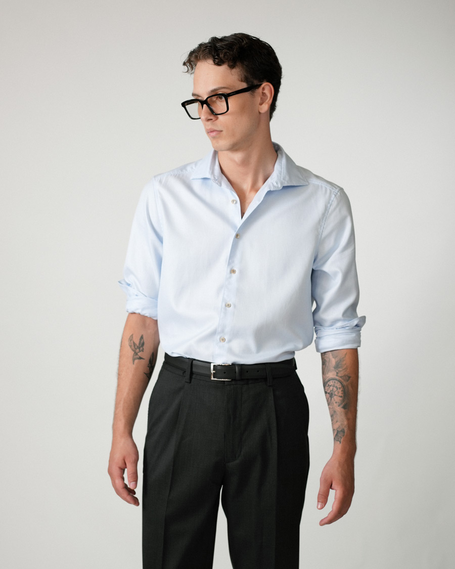 Homme | Chemises | Stenströms | Slimline Cut Away Washed Houndstooth Shirt Light Blue