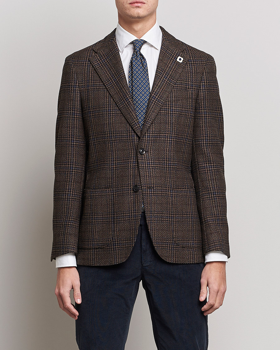 Homme | Blazers | Lardini | Checked Patch Pocket Wool/Silk Blazer Brown
