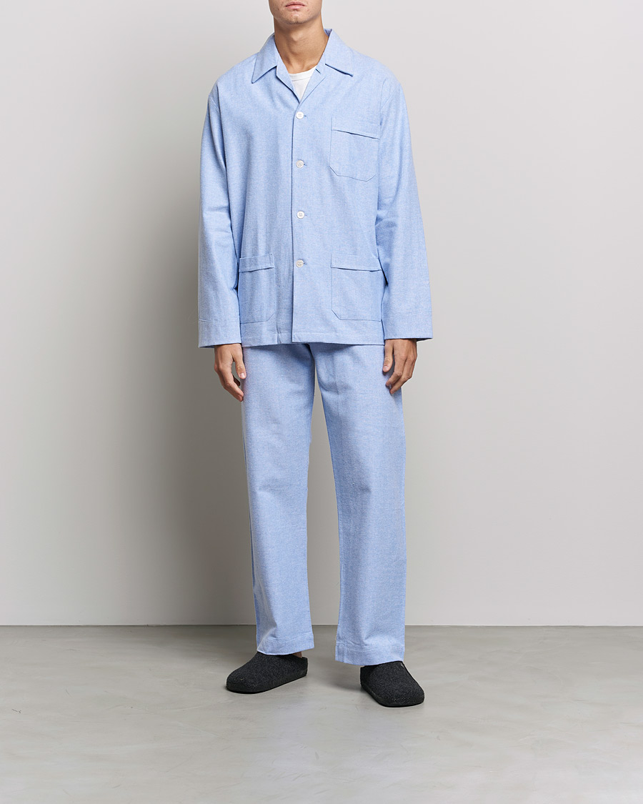 Heren | Pyjama's en gewaden | Derek Rose | Brushed Cotton Flannel Herringbone Pyjama Set Blue