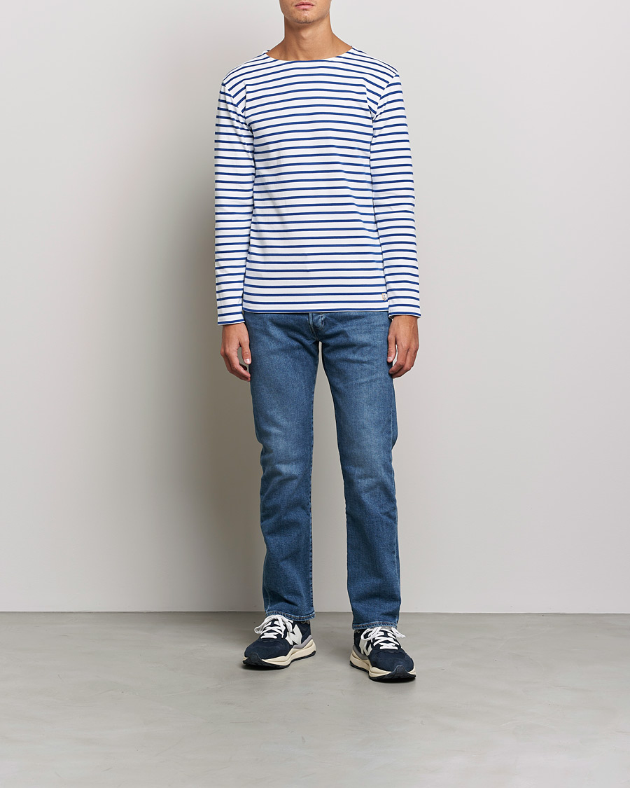 Heren | T-shirts | Armor-lux | Houat Héritage Stripe Long Sleeve T-Shirt White/Blue