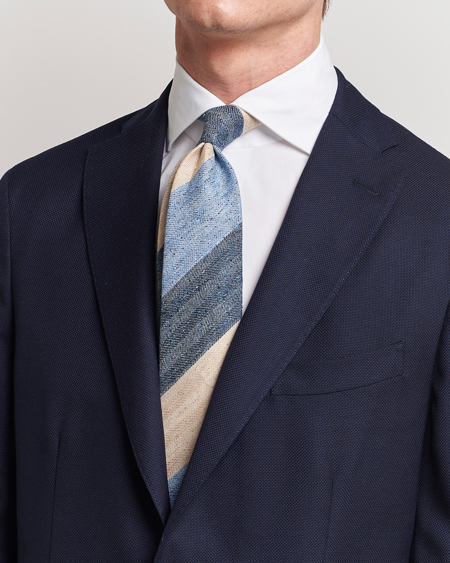 Homme | Amanda Christensen Silk/Linen/Cotton Block Striped 8cm Tie Navy/Blue/Beige | Amanda Christensen | Silk/Linen/Cotton Block Striped 8cm Tie Navy/Blue/Beige