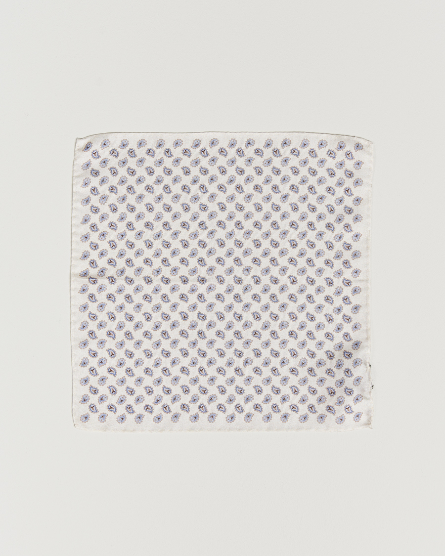 Homme | Amanda Christensen Silk Oxford Printed Paisley Pocket Square White | Amanda Christensen | Silk Oxford Printed Paisley Pocket Square White