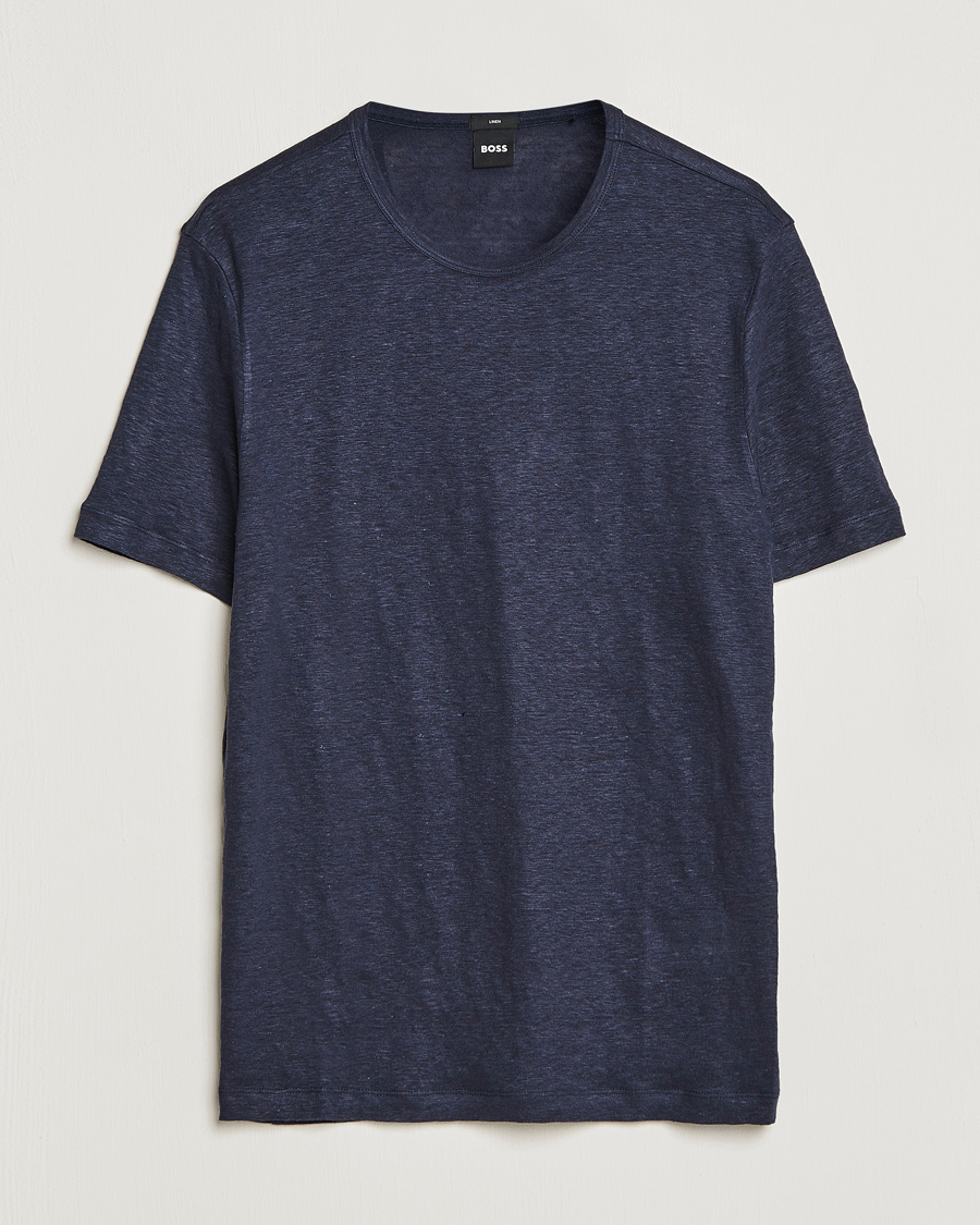 Homme | T-shirts | BOSS BLACK | Tiburt Linen Crew Neck T-Shirt Dark Blue
