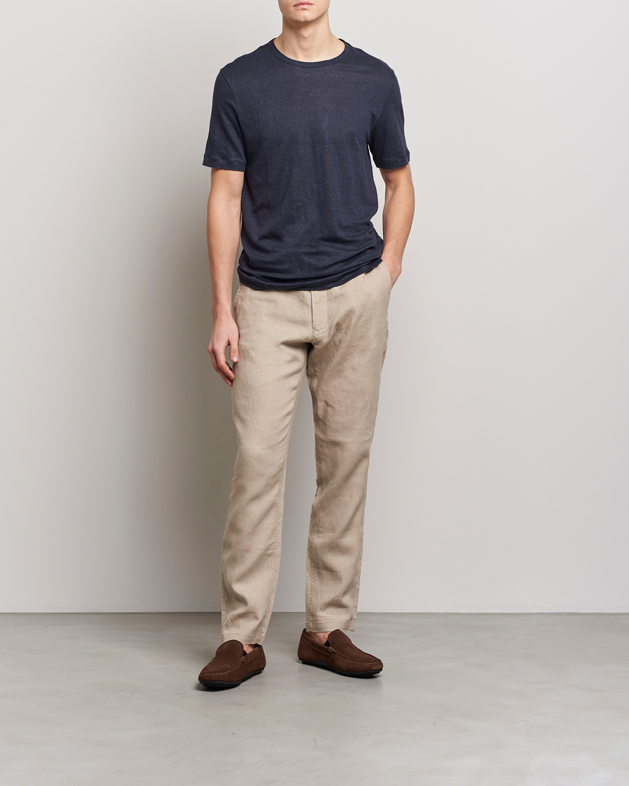 Homme | T-shirts | BOSS BLACK | Tiburt Linen Crew Neck T-Shirt Dark Blue