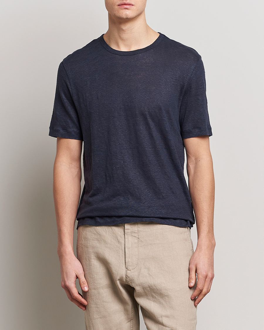 Homme | T-shirts | BOSS BLACK | Tiburt Linen Crew Neck T-Shirt Dark Blue