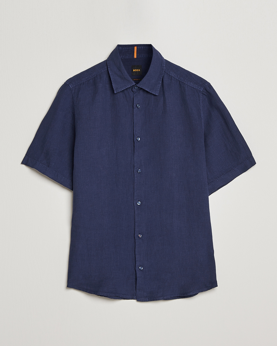 Homme | Chemises | BOSS ORANGE | Rash Linen Short Sleeve Shirt Navy