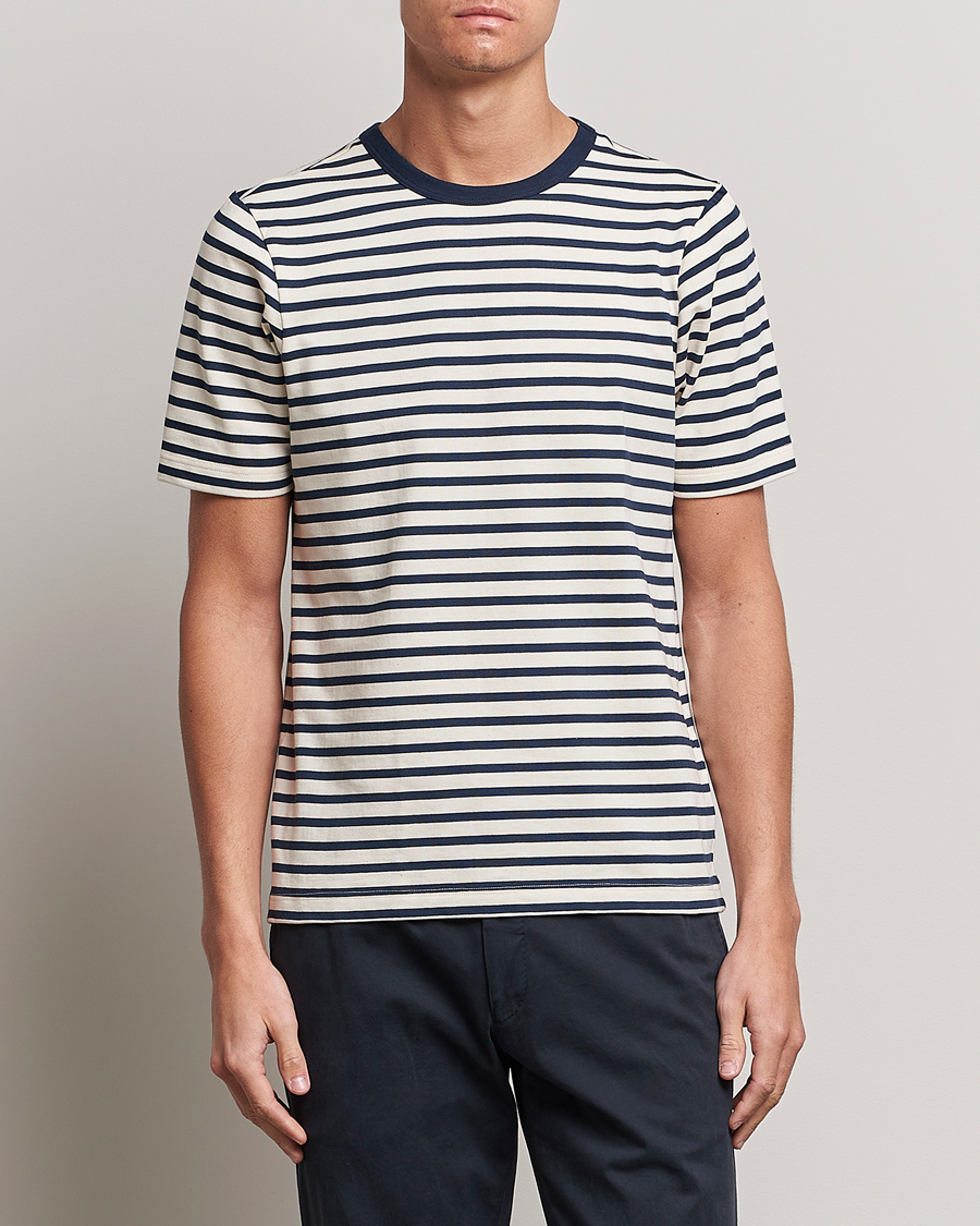 Heren | T-shirts | Merz b. Schwanen | Relaxed Fit Striped Sturdy T-Shirt Ink/Nature