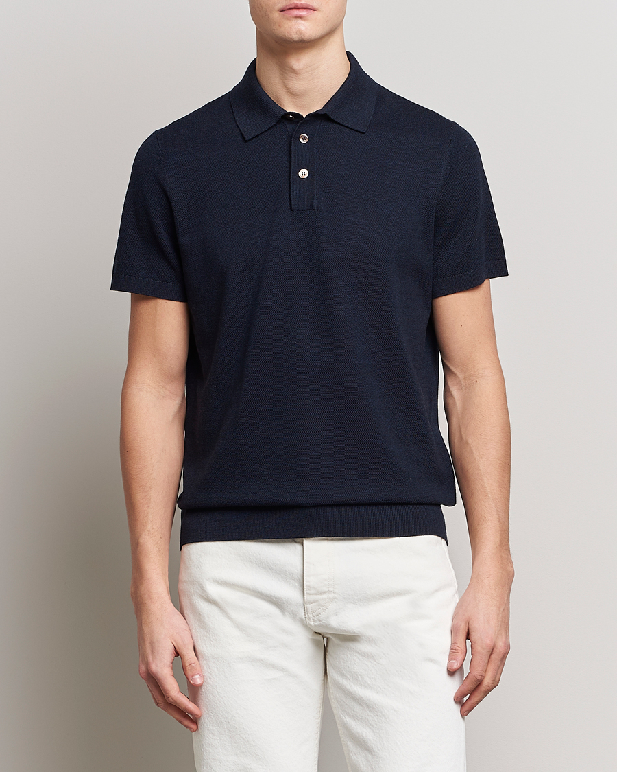 Heren | Polo's | Morris Heritage | Alberto Knitted Short Sleeve Polo Shirt Navy