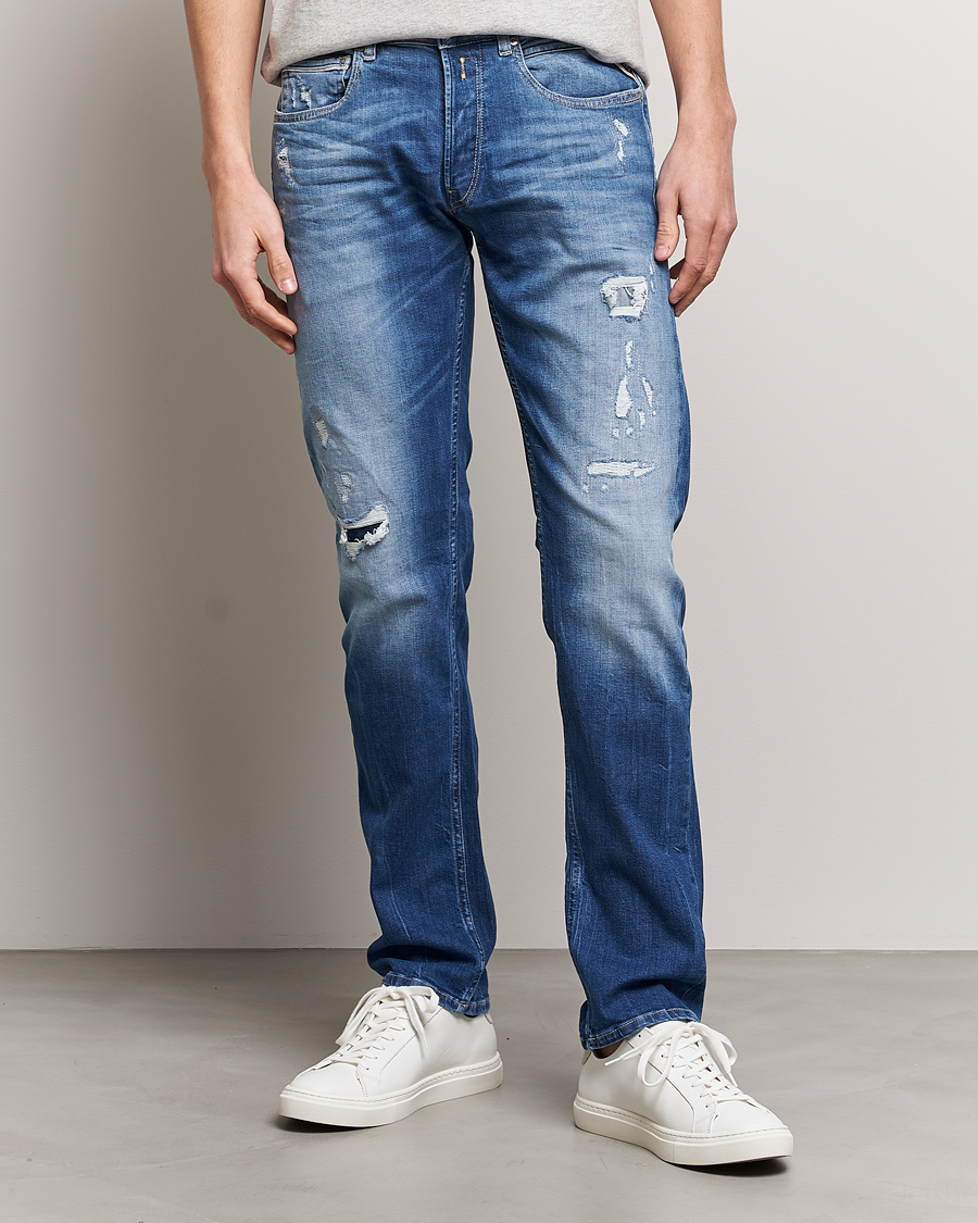 Heren | Jeans | Replay | Grover Straight Fit Stretch Shredded Jeans Blue