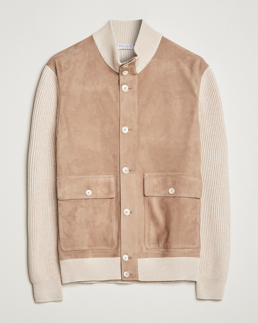 Homme | Manteaux Et Vestes | Brunello Cucinelli | Suede Knit Bomber Jacket Beige Suede