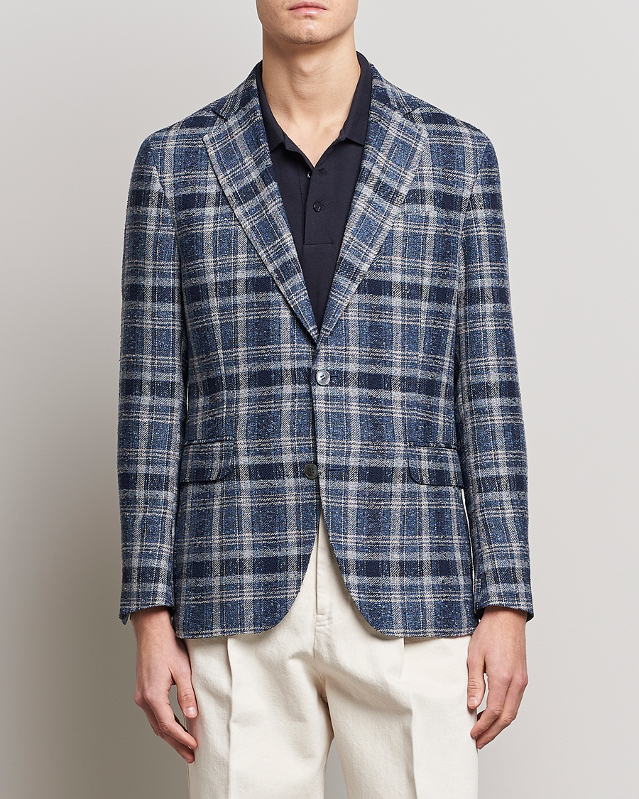 Homme | Blazers | Oscar Jacobson | Ferry Soft Checked Linen Blazer Blue