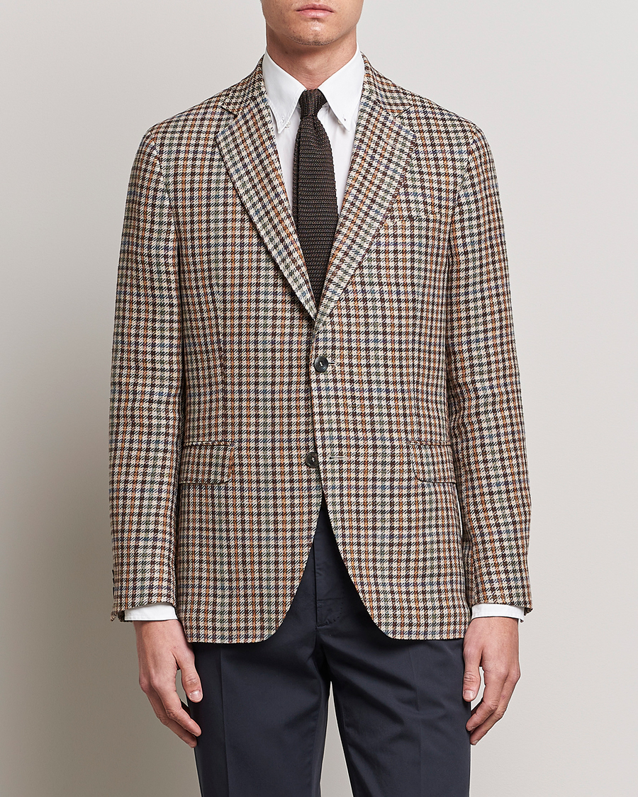 Homme | Blazers | Oscar Jacobson | Ferry Checked Summer Tweed Linen/Silk Blazer Brown