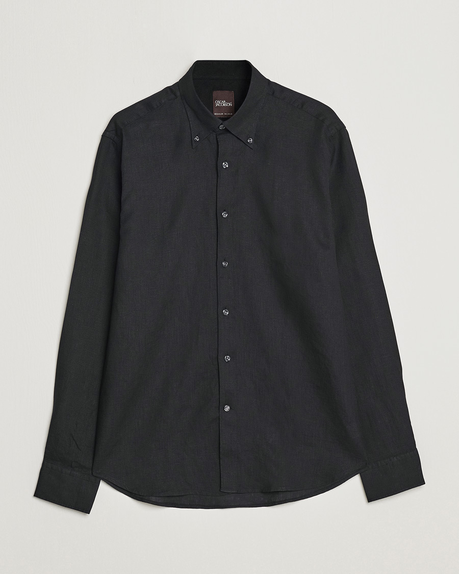Homme | Chemises | Oscar Jacobson | Regular Fit Button Down Linen Shirt Black