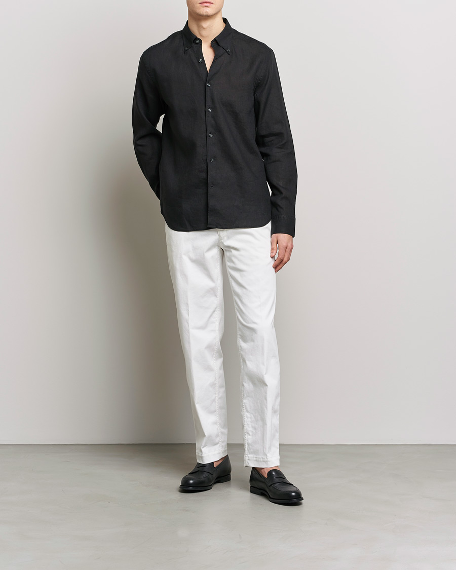 Homme | Chemises | Oscar Jacobson | Regular Fit Button Down Linen Shirt Black