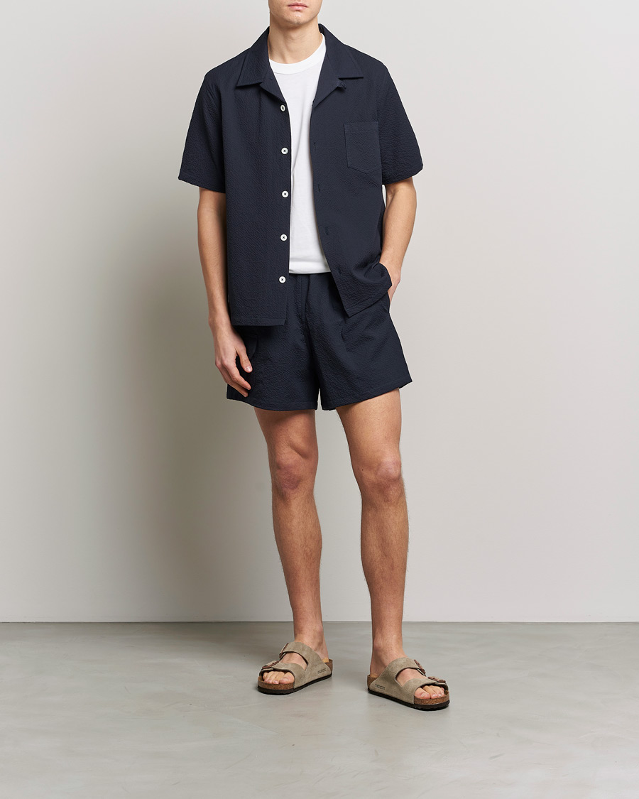 Heren | Overhemden | Howlin' | Short Sleeve Cotton Seersucker Shirt Navy