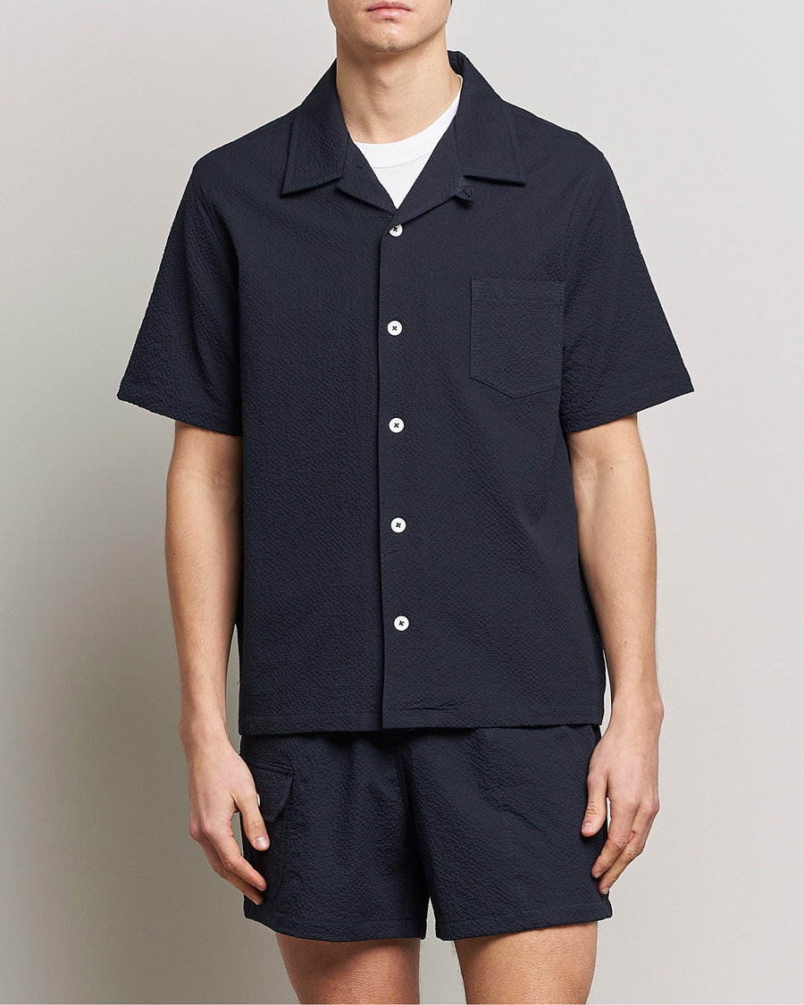 Heren | Overhemden | Howlin' | Short Sleeve Cotton Seersucker Shirt Navy