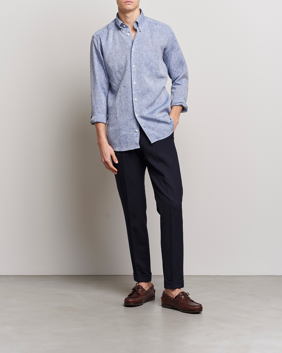 Heren | Overhemden | Eton | Slim Fit Linen Shirt Mid Blue