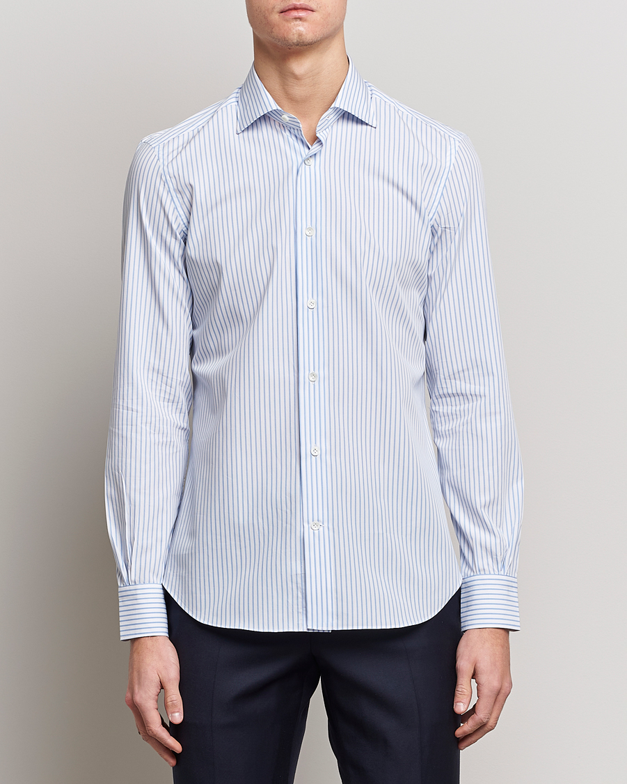 Homme | Chemises | Mazzarelli | Soft Cotton Cut Away Shirt Light Blue Stripe