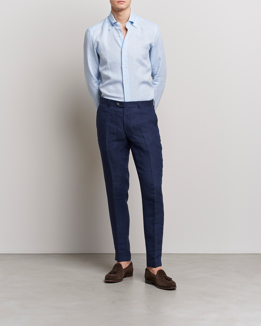 Homme | Chemises | Mazzarelli | Soft Linen Button Down Shirt Light Blue