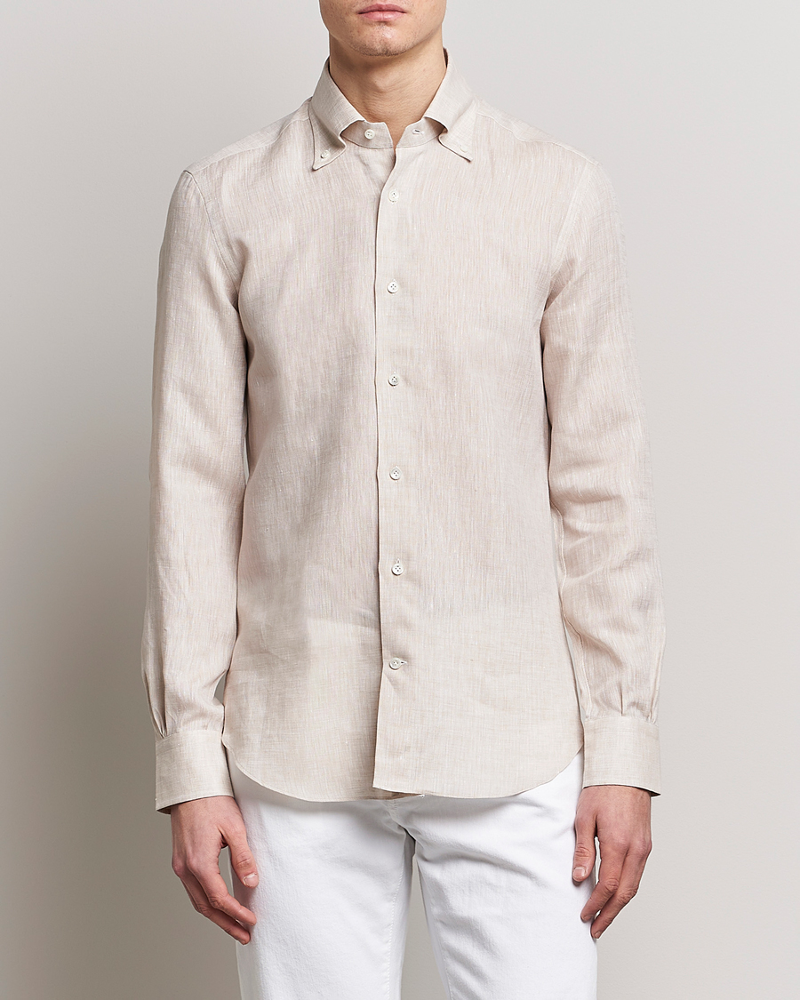 Homme | Chemises | Mazzarelli | Soft Linen Button Down Shirt Beige