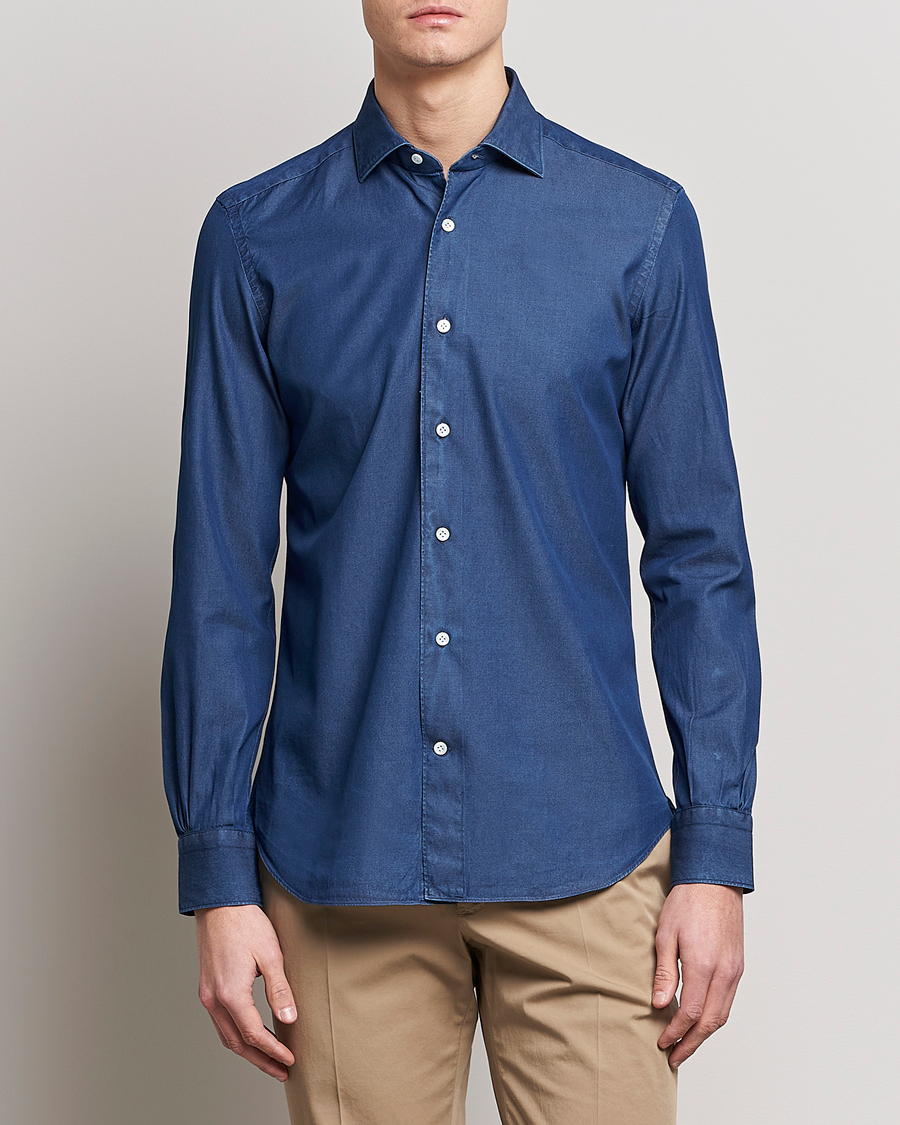 Homme | Chemises | Mazzarelli | Soft Denim Cut Away Shirt Dark Indigo