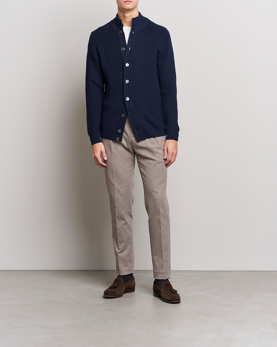 Heren | Truien | Stenströms | Half Card Heavy Merino Cardigan Navy