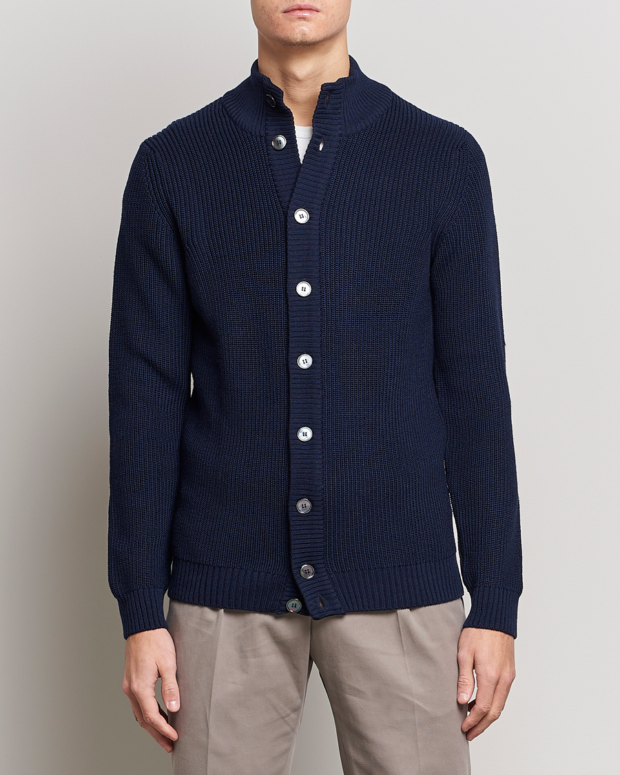 Heren | Truien | Stenströms | Half Card Heavy Merino Cardigan Navy