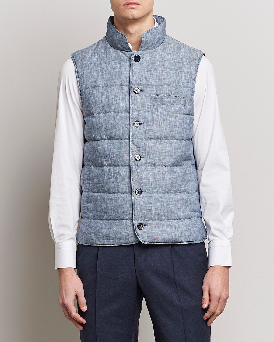 Heren | Gilets | Stenströms | Padded Linen Vest Blue