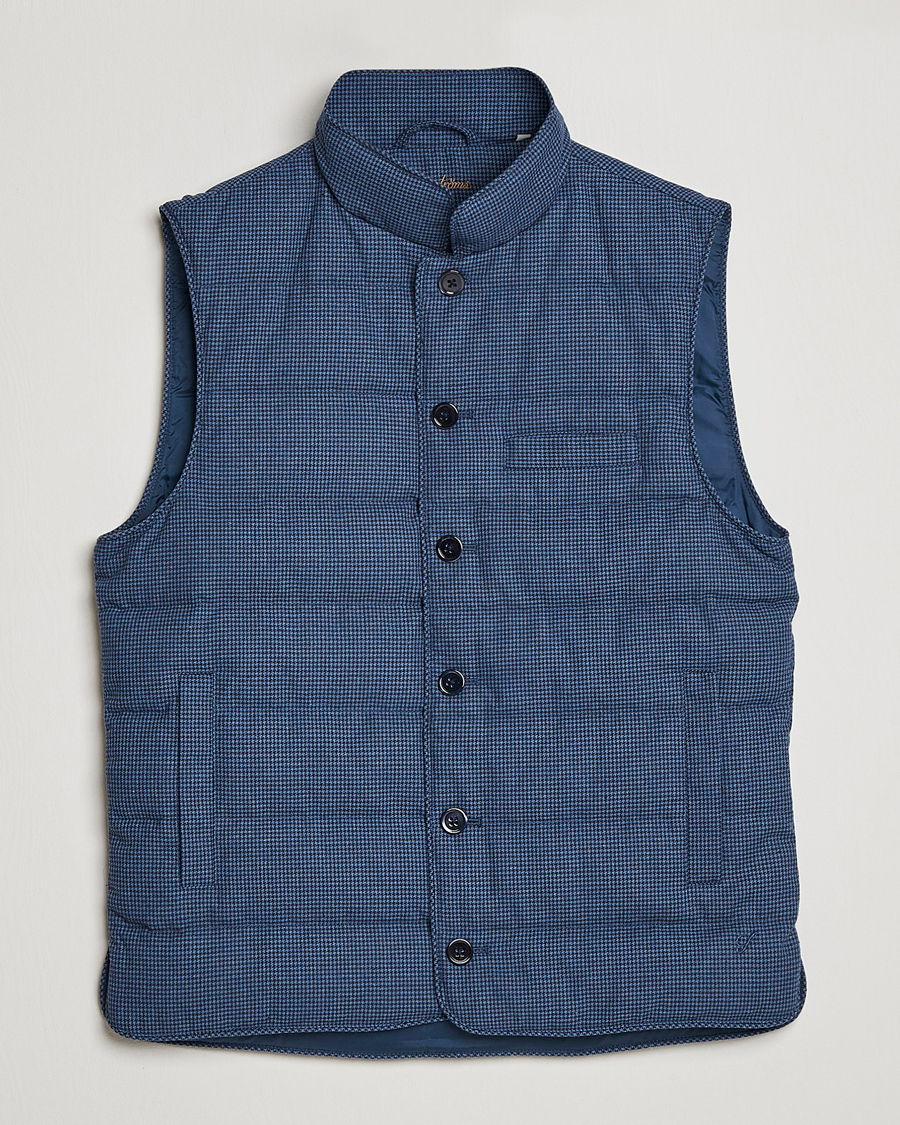 Heren | Gilets | Stenströms | Padded Houndstooth Linen Vest Blue
