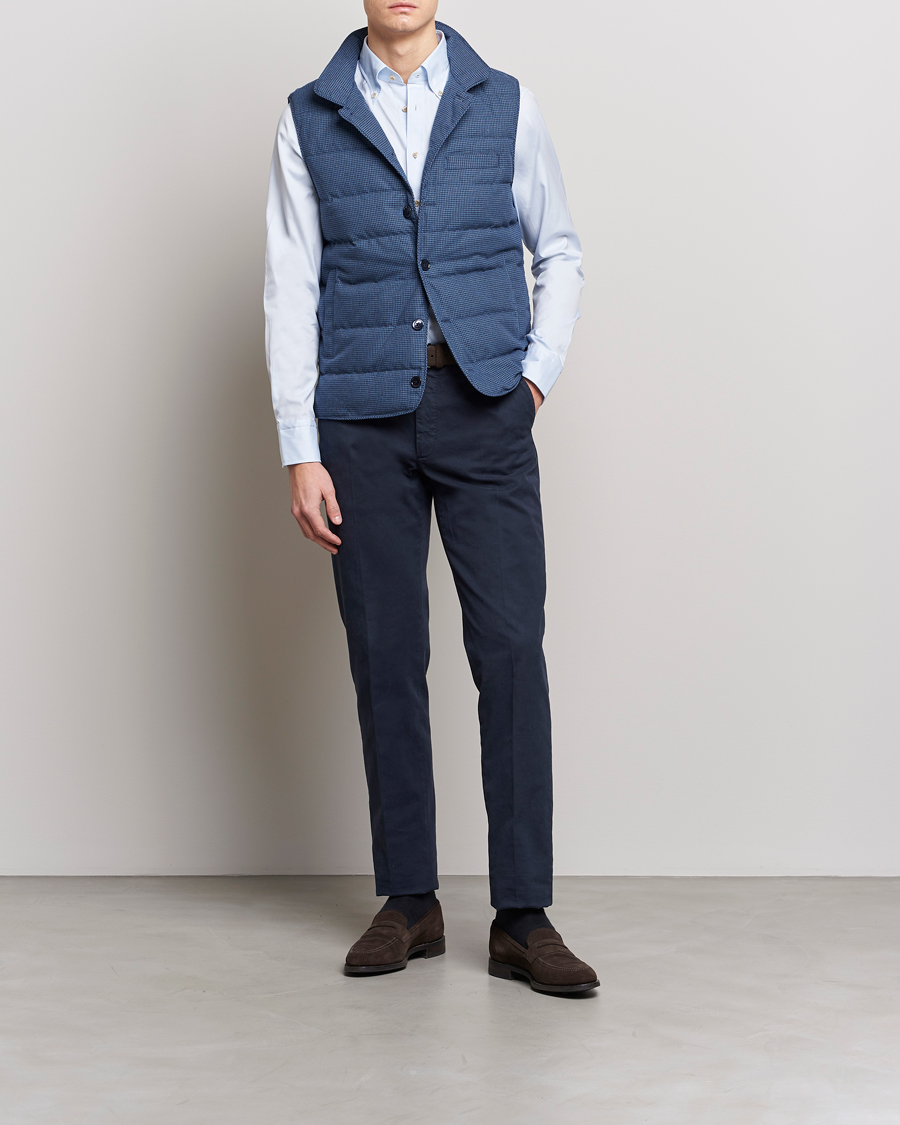 Heren | Gilets | Stenströms | Padded Houndstooth Linen Vest Blue
