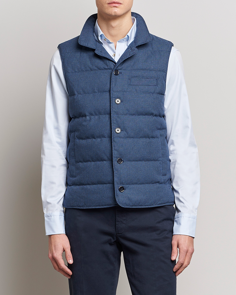 Heren | Gilets | Stenströms | Padded Houndstooth Linen Vest Blue