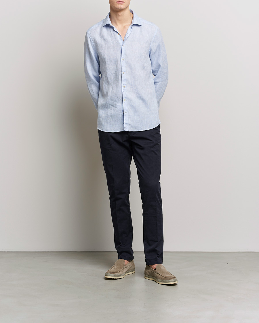 Homme | Chemises | Stenströms | Slimline Cut Away Linen Shirt Light Blue