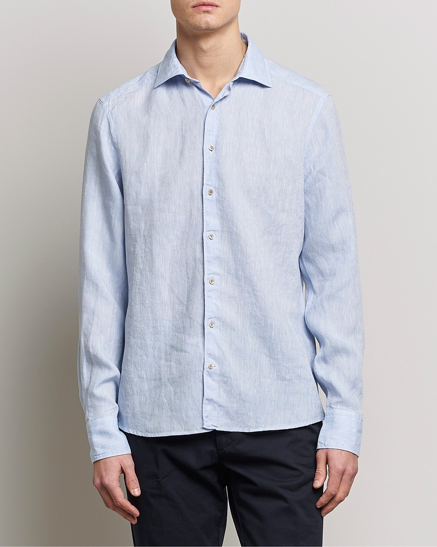 Homme | Chemises | Stenströms | Slimline Cut Away Linen Shirt Light Blue