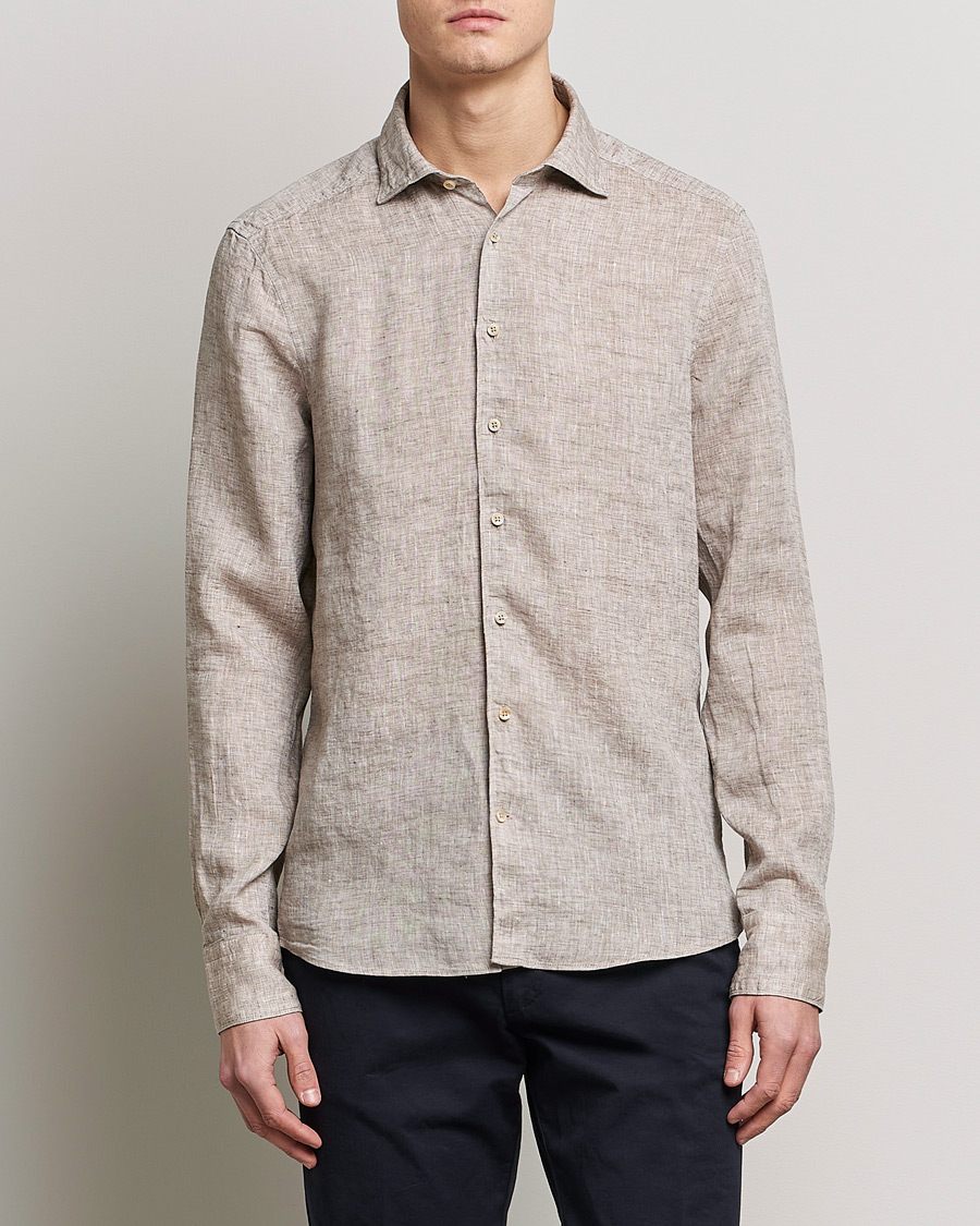 Homme | Chemises | Stenströms | Slimline Cut Away Linen Shirt Light Brown
