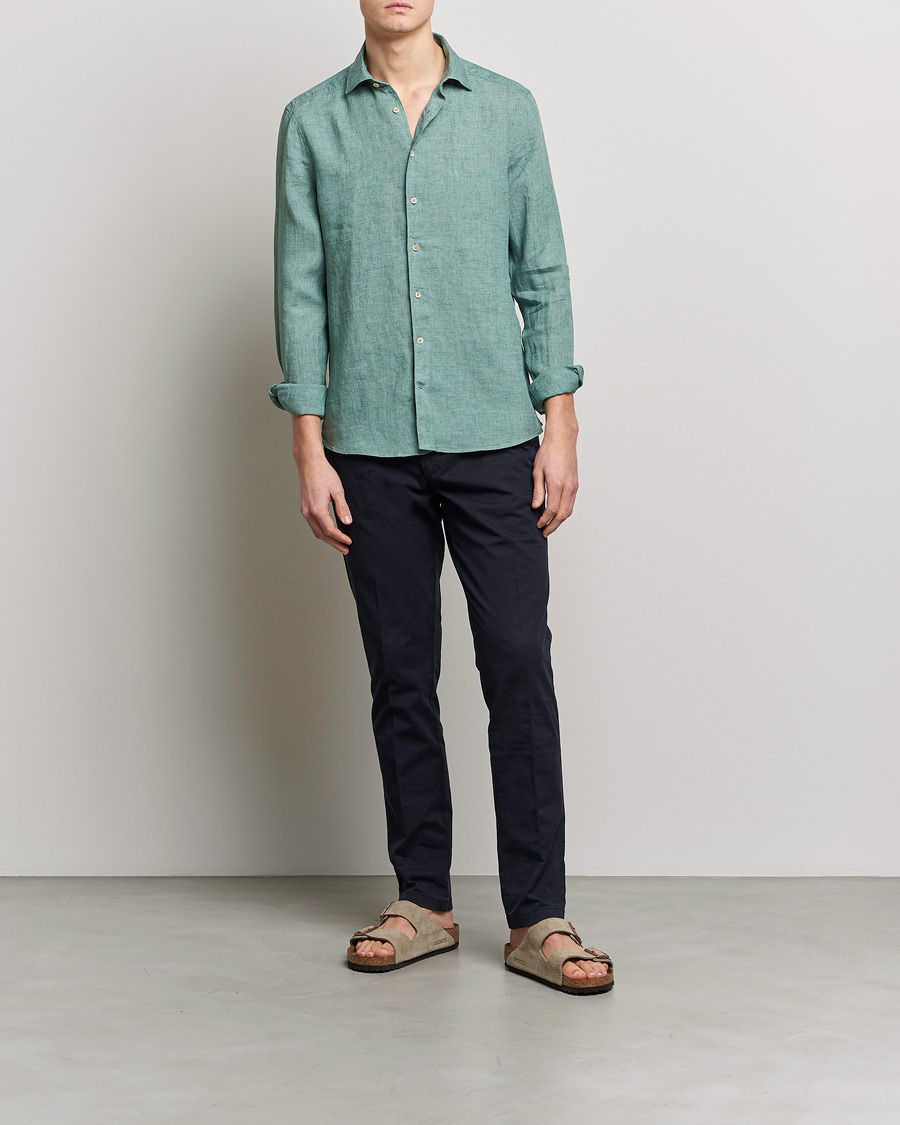 Heren | Overhemden | Stenströms | Slimline Cut Away Linen Shirt Deep Green