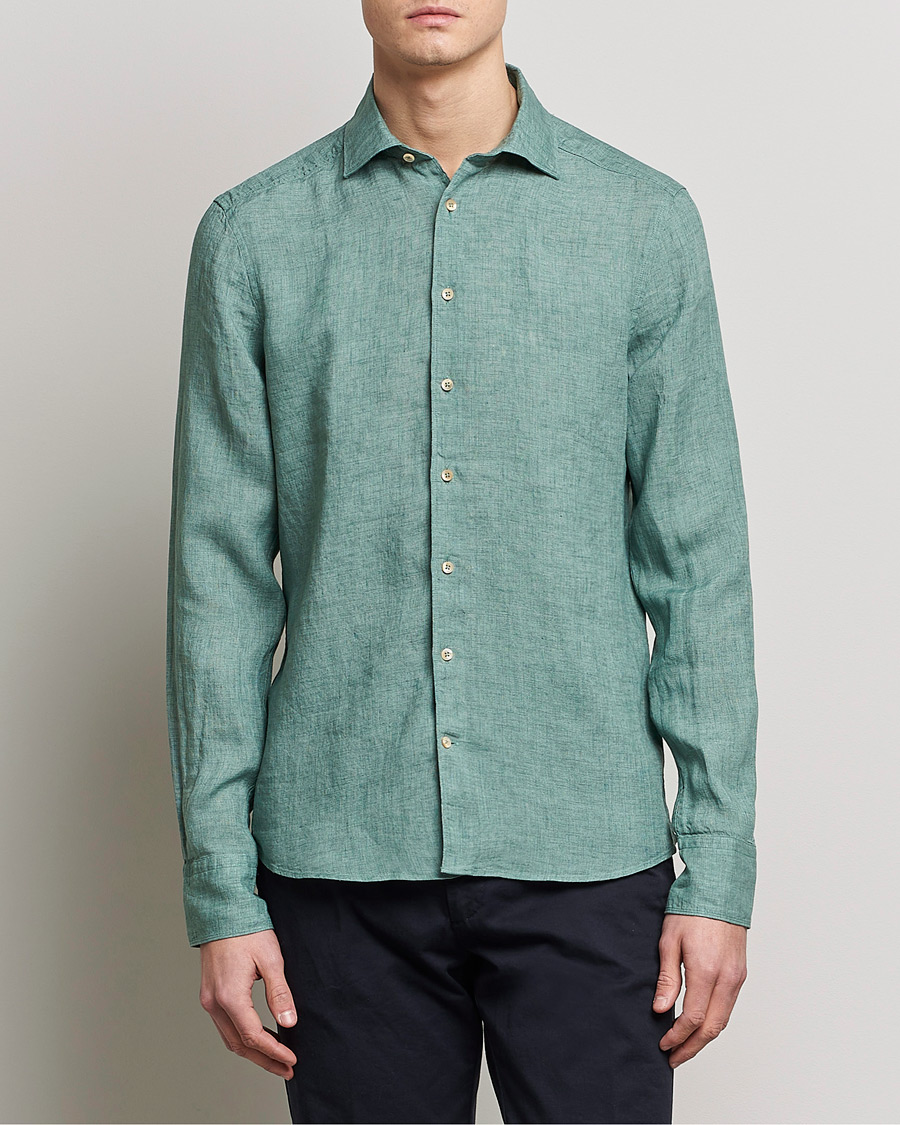 Heren | Overhemden | Stenströms | Slimline Cut Away Linen Shirt Deep Green