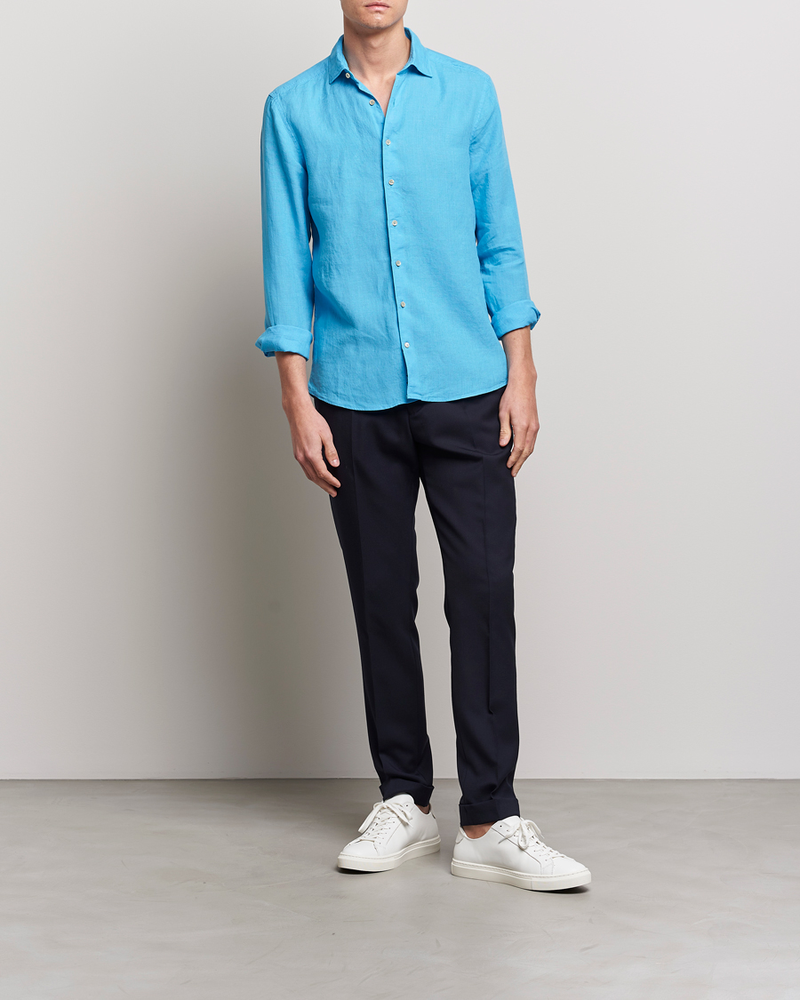 Homme | Chemises | Stenströms | Slimline Cut Away Linen Shirt High Blue