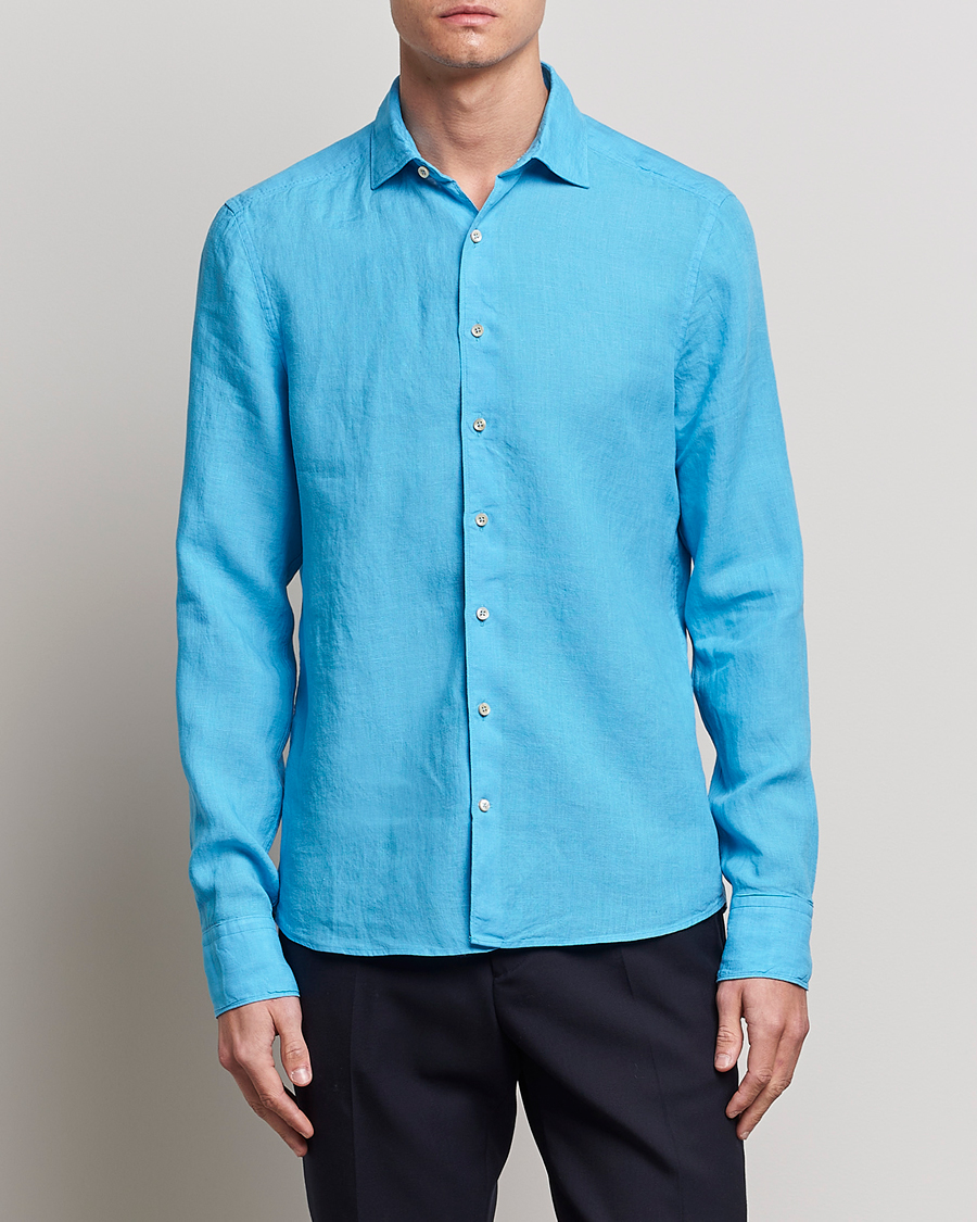Homme | Chemises | Stenströms | Slimline Cut Away Linen Shirt High Blue