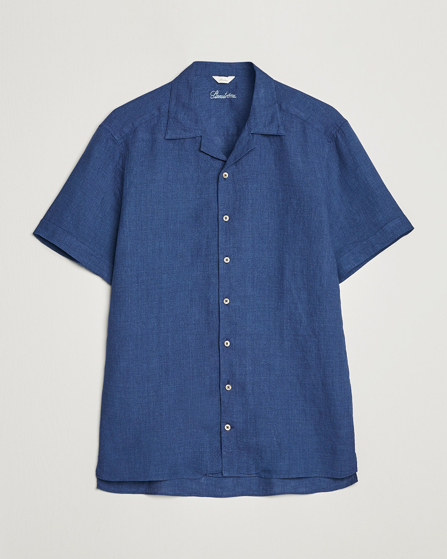 Homme | Chemises | Stenströms | Slimline Short Sleeve Resort Linen Shirt Blue